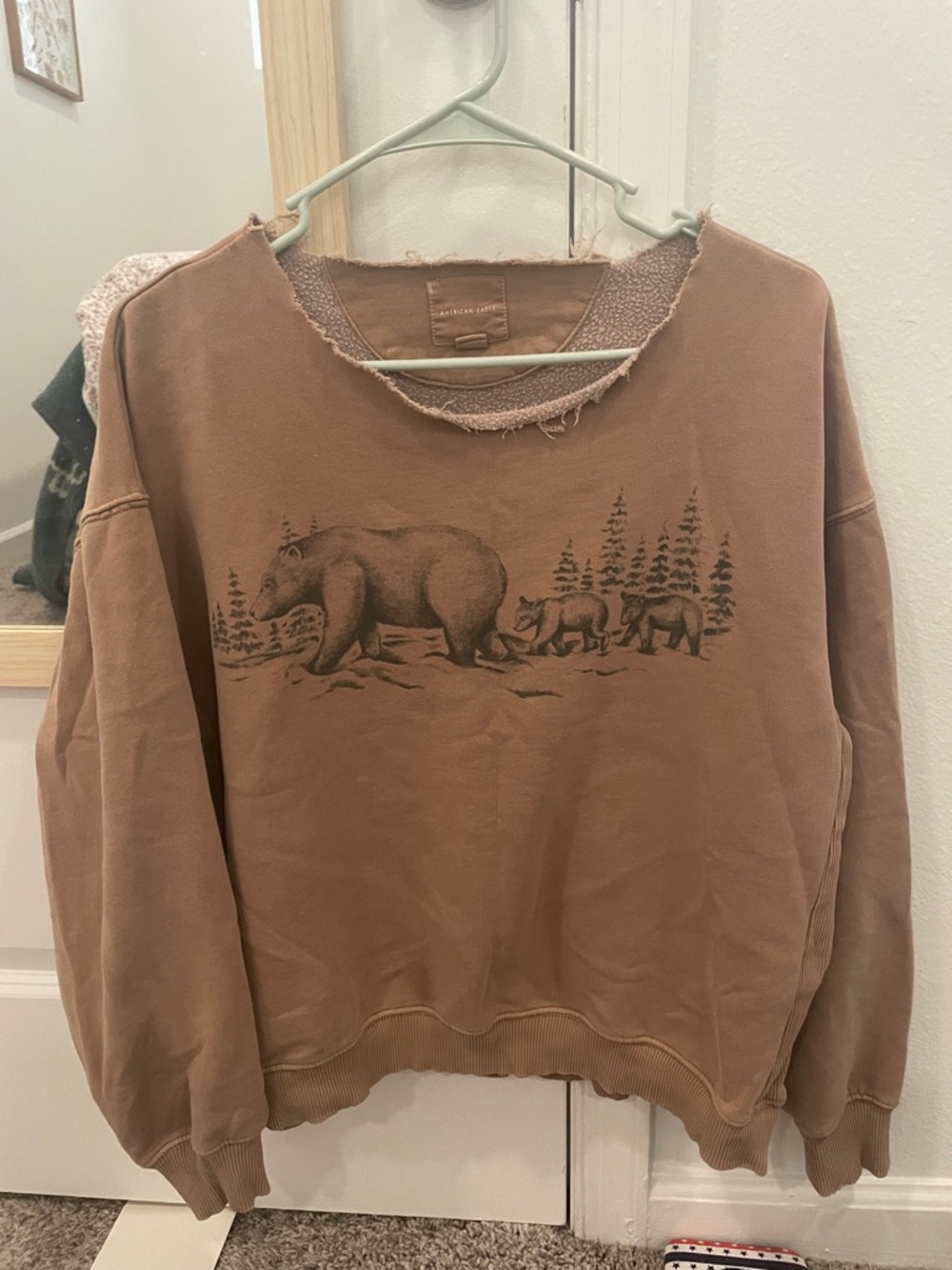 American Eagle Outfitters Brown Crewneck Sweatshirt with Bear Graphic